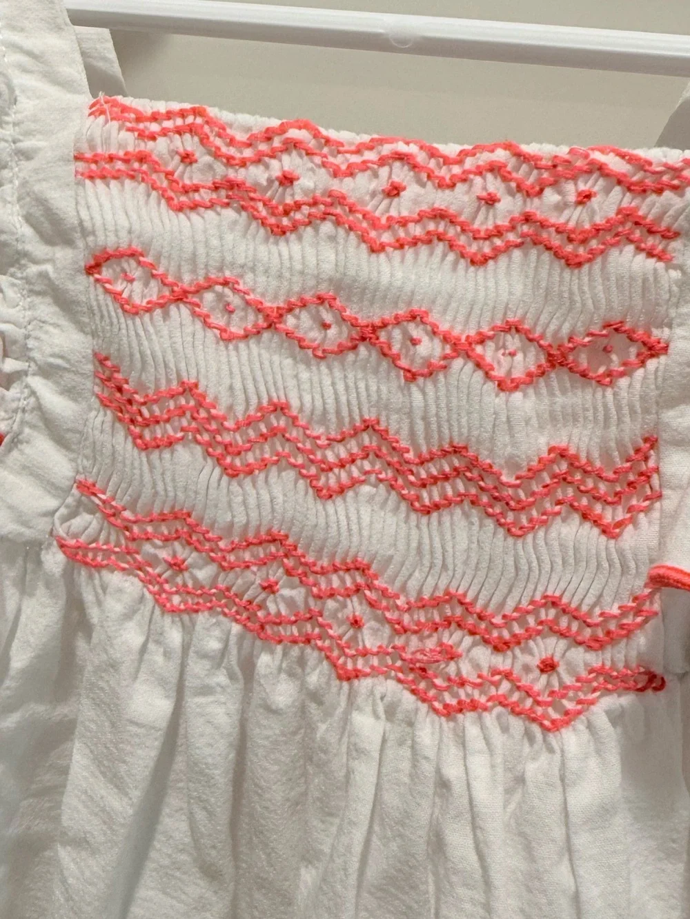 Jacadi Baby 18M Infant White Cotton Dress Neon Pink Smocked and ruffle Sleeves